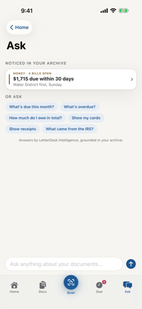 The LetterDesk app answering a question about a scanned letter on an iPhone