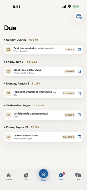 The Due screen listing letters with upcoming and overdue deadlines