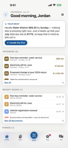 The LetterDesk home screen with letters filed by category and a strip of upcoming deadlines