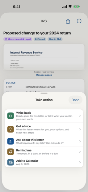 The Take action menu on a letter, offering Write back, Get advice, and Ask