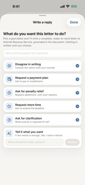 The Write back flow drafting a reply from a few words the user typed