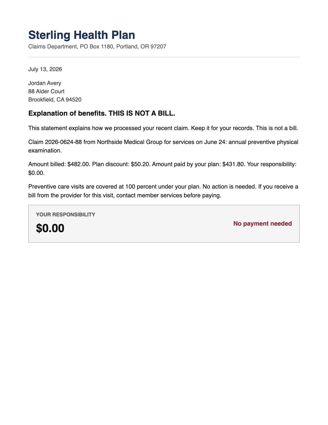 An explanation of benefits statement marked THIS IS NOT A BILL